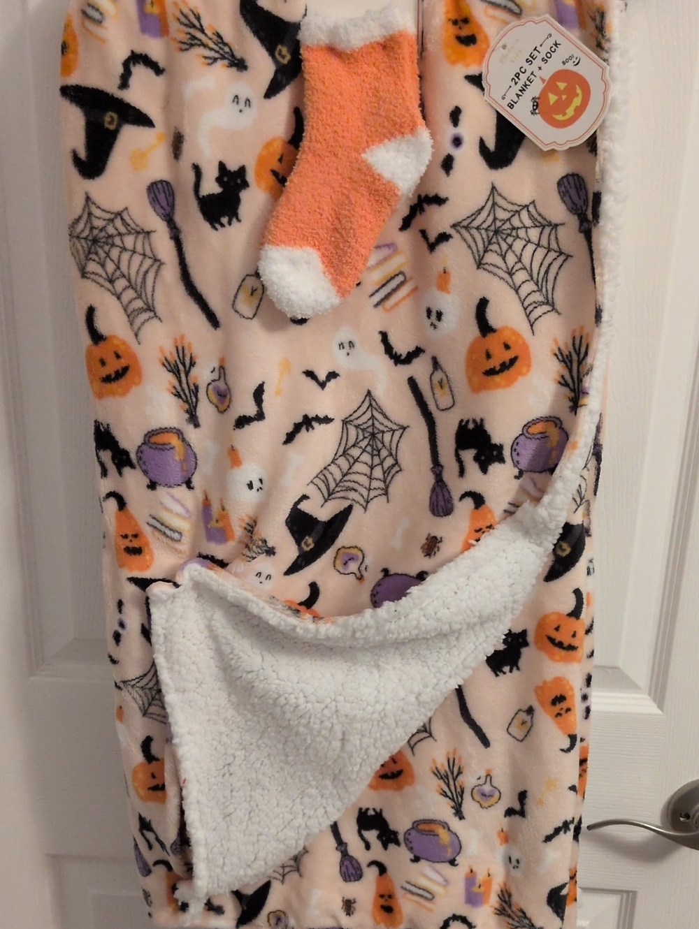 Halloween Fleece Blanket with Cozy Sock - Orange & Purple 48x56